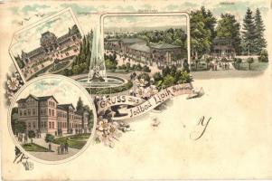 Lipik, Jodbad, Cursalon, Springbrunnen, Wandelbahn, Jodquelle, Curhotel / spa, fountain, promenade, well, hotel. floral, Art Nouveau, litho (fl)