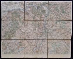 cca 1910 Budapest és környéke katonai térkép, K. u. K. Militärgeographisches Institut, vászonra kasírozva, 1:200 000, 44x54 cm