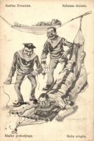 Kellemes ébredés / Sanftes Erwachten / Sladko probudjenje / Dolce dveglia / K.u.K. Kriegsmarine, humorous mariner art postcard. C.F.P. Nr. 22.a. + SM Boot 74 s: Ed. Dworak  (EK)