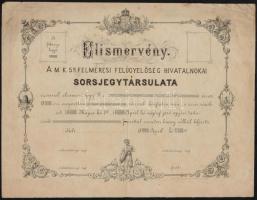 cca 1880 Elismervény, a M. K. 5. felmérési felügyelőség hivatalnokai sorsjegytársulatának tartozás befizetéséről, kitöltetlen, litográfia, E. Kirchner műintézetéből, 23x30 cm