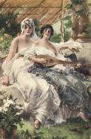 3 db régi festmény művészlap, hölgyek / 3 pre-1945 art motive postcards, paintings, ladies