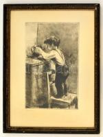 Iván Szilárd (1912-1988): Kíváncsi. Rézkarc, papír, jelzett, üvegezett keretben 29×19 cm