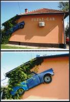 cca 1999 Totálkáros autó újrahasznosítása, 2 db vintage negatívról készült mai nagyítás, 13x18 cm