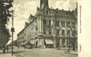 Szeged, Szeged-Csongrádi takarékpénztár, gyógyszertár, Dr. Király K. fogorvos, villamos  (EK)