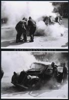 cca 1940 Budapest, kigyulladt automobil, 5 db vintage negatívról készült mai nagyítás, 13x18 cm