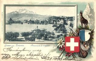 Lucerne, Luzern; Promenade, Pilatus. K. Liebhardt Kunstanstalt, coat of arms, floral, goat Emb. litho