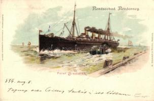1899 Nordseebad Norderney. SMS Gäa/Gaea (ex SS Fürst Bismarck) Austro-Hungarian Navy depot ship for submarines. Kunstanstalt Finkenrath & Grasnick litho