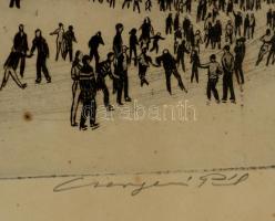 Csergezán Pál (1924-1996): Városliget, korcsolyázók. Rézkarc, papír, jelzett, üvegezett keretben, 24...