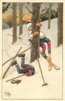 Humorous skiing art postcard. 550 Verlag A. Ruegg s: Arthur Thiele