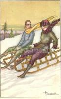 Sledding couple. Italian Art Nouveau art postcard, Anna & Gasparini 558-2. s: Busi (fl)