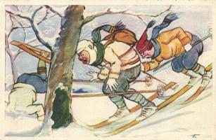 Humorous skiing art postcard. Cecami N. 516.