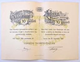 Sopron 1926. "Soproni Takarékpénztár" részvénye 10P-ről, magyar és német nyelvű, szárazpec...