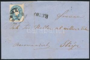 1863 15kr + (a hátoldalon) bontásnál eltépett 10kr ajánlott levélen / 15kr + 10kr (on the backside, ...