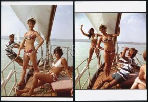 cca 1973 Fürdőruhák divatfotózása az Uránusz - balatoni vitorlás - fedélzetén, 5 vintage negatívról ...