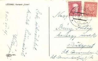 Losonc, Lucenec; utcakép repülőgéppel, Corso kávéház, Schulter üzlete / Kaviaren / street view with ...