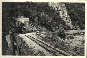 Ruttka, Vrutky; Vág völgyi vasútvonal a Justh-alagúttal, gőzmozdony / railway tunnel with locomotive (EK)