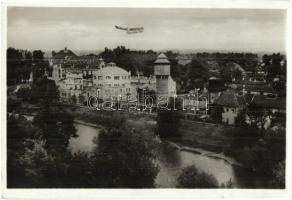 Pöstyén, Piestany; látkép repülőgéppel, víztorony / panorama view with airplane, water tower