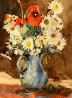 Jelzés nélkül: Virágcsendélet. Akvarell-ceruza, papír, üvegezett keretben, 40×28 cm