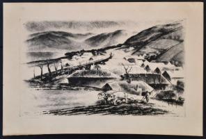 Kórusz József  (1927-2010): Koratavasz. Rézkarc, karton, jelzett, 30×50  cm