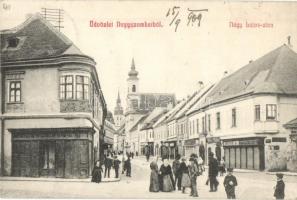 Nagyszombat, Trnava; Nagy Lajos utca, Josef Halle, Reisz L. üzletei, Milvay L. cipész boltja, Verlag G. M. P. 879. / street view, shops, shoemaker