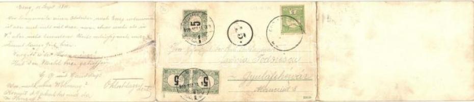 Eszék, Osijek, Esseg; látkép utcával és a DDSG 160, 80 és 221 uszályokkal. Három lapos panorámalap /...