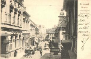 Brassó, Kronstadt, Brasov; Hirscher utca, Carl Dendorfer és Korner üzlete / Hirschergasse / street view with shops