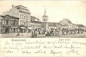 Marosvásárhely, Targu Mures; Fő tér, piac, Iparos Polgári Egylet, Muntyán Géza, Petrás Géza, Szalmásy Gyula, Háry Géza, József Emil és Schwartz János üzlete / main square with shops, market