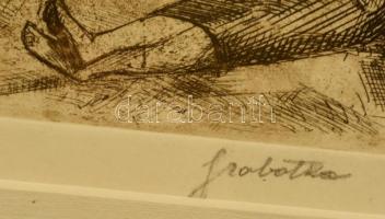 Szobotka Imre (1890-1961) : Répatörők. Rézkarc, papír, jelzett, üvegezett keretben, 7,5×12,5 cm