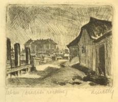 Kmetty János (1889-1975):  Tabán. Rézkarc, papír, jelzett, kis gyűrődéssel, üvegezett keretben, 9×11 cm