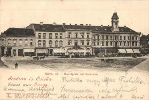 Eszék, Osijek, Esseg; Fő tér, Városház, Központi szálloda, Joh. Schreiber fia üzlete. Gjure Knittela kiadása / main square, town hall, hotel, shops