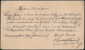 1891 Szontagh Tamás (1851-1936) geológus, bölcseleti doktor saját kézzel írt levele, levelezőlapon, ...