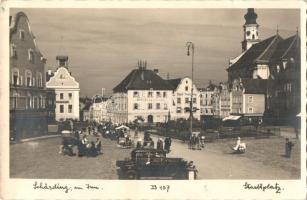 Schärding, Stadtplatz, Sparkasse, Post und Telegrafenamt, Tabak-Hauptverlag / square, savings bank, post and telegraph office, tobacco shop, shop of Franz Feichtinger