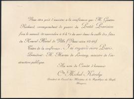 1918 Őszirózsás forradalom: Károlyi Mihály a minisztertanács elnökének meghívója francia újságíró részére / Invitation for French journalist by Mihaly Karolyi Hungarian leader.