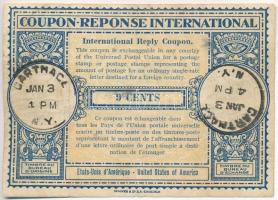 Amerikai Egyesült Államok ~1940-1950. 9c "Nemzetközi válaszdíjszelvény" vízejeles papíron, pecséttel T:III USA ~1940-1950. 9 Cents "International Reply Coupon" on watermarked paper, with stamp C:F