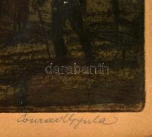 Conrad Gyula (1877-1959): Nehéz út. Színezett rézkarc, papír, jelzett, üvegezett keretben, 26×30 cm