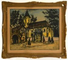 Conrad Gyula (1877-1959): Öreg templom. Színezett rézkarc, papír, jelzett, üvegezett keretben, 26×35 cm