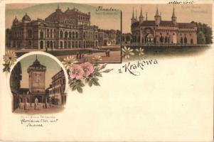 Kraków, Krakau; Teatr Krakowski, Rondel bramy Florianskiej, Ulica i Brama Floryanska / theatre, street, castle. Floral, Art Nouveau litho