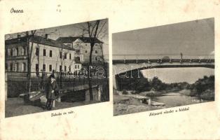 Ozora, Iskola és vár, Sió részlet a híddal, Poór Ferenc vegyeskereskedő felvétele és kiadása (EB)