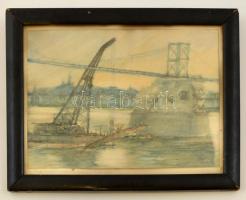 Doór jelzéssel: Hídroncs kiemelés a Margit hídnál. Akvarell, papír, üvegezett keretben, 16×22 cm