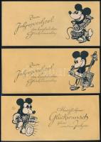 cca 1930 3 db Mickey Mouse rajzfilm figurával ellátott német nyelvű újévi üdvözlő kártya. / 3 Mickey Mouse graphics greeting cards. 13x6 cm