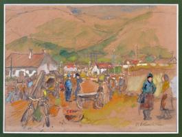 P. Kováts Ferenc (1911-1983): Piaci jelenet. Akvarell-ceruza, papír, jelzett, 14×18,5 cm