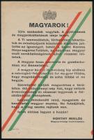 1938 "Magyarok! Újra szabadok vagytok!" A felvidéki bevonulás alkalmából nyomtatott szórólap Horthy Miklós ünnepélyes szavaival, 14x21 cm