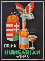 cca 1930 Igyál magyar borokat angol nyelvű reklám plakát. Gebhardt jelzett grafika kartonon, hibátlan állapotban / cca 1930 Drink Hungarian wines signed graphics on cartboard. 24x31 cm