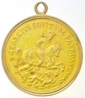 ~1893-1903. Szent György jelzett Au emlékérem, jelzett Au keretben (24 karátos), FIS gyártói beütéssel S:GEORGIUS EQVITVM PATRONVS / IN TEMPESTATE SECVRITAS (br. 7,34g/0.580/29mm kerettel együtt) T:2 /  ~1893-1903. Saint George hallmarked Au commemorative medallion in hallmarked Au frame (24Ct gold), with FIS makers mark S:GEORGIUS EQVITVM PATRONVS / IN TEMPESTATE SECVRITAS (br. 7,34g/0.580/29mm with frame) C:XF