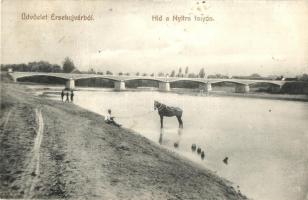 Érsekújvár, Nové Zamky; Híd a Nyitra folyón, ló, Adler József kiadása / bridge, riverside, horse (fa)