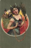 Lady Krampus with men in her basket. Emb. litho