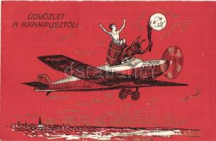 Üdvözlet a Krampusztól! / Krampus with lady on airplane, golden decorated. Erika