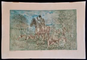 Rádóczy Gyarmathy Gábor (1940-): Rókavadászat. Színes rézkarc, papír, jelzett, foltos, 32×54 cm