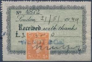 Nagy Britannia 1949 Kisalakú nyugta 2P postabélyeggel / 2P postage stamp on receipt