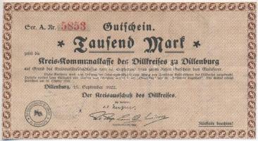 Németország / Weimari Köztársaság / Dillenburg 1922. 1000M szükségpénz, hátoldalán pecsételések T:III Germany / Weimar Republic / Dillenburg 1922. 1000 Mark necessity note, with stamps on back C:F